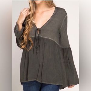 Boho Hippy Top with Bell Sleeves Sz L Oversized Stonewash Gray by Amor Adore NEW
